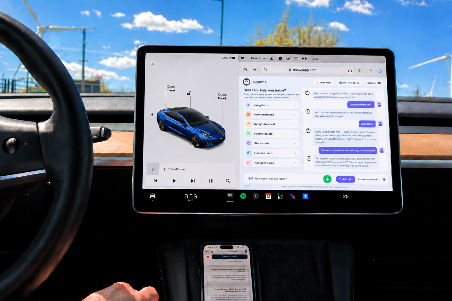 Snowy AI on a Tesla Model 3 touchscreen, showing idea cards such as Navigate to, News headlines and Start a quiz beside a live conversation